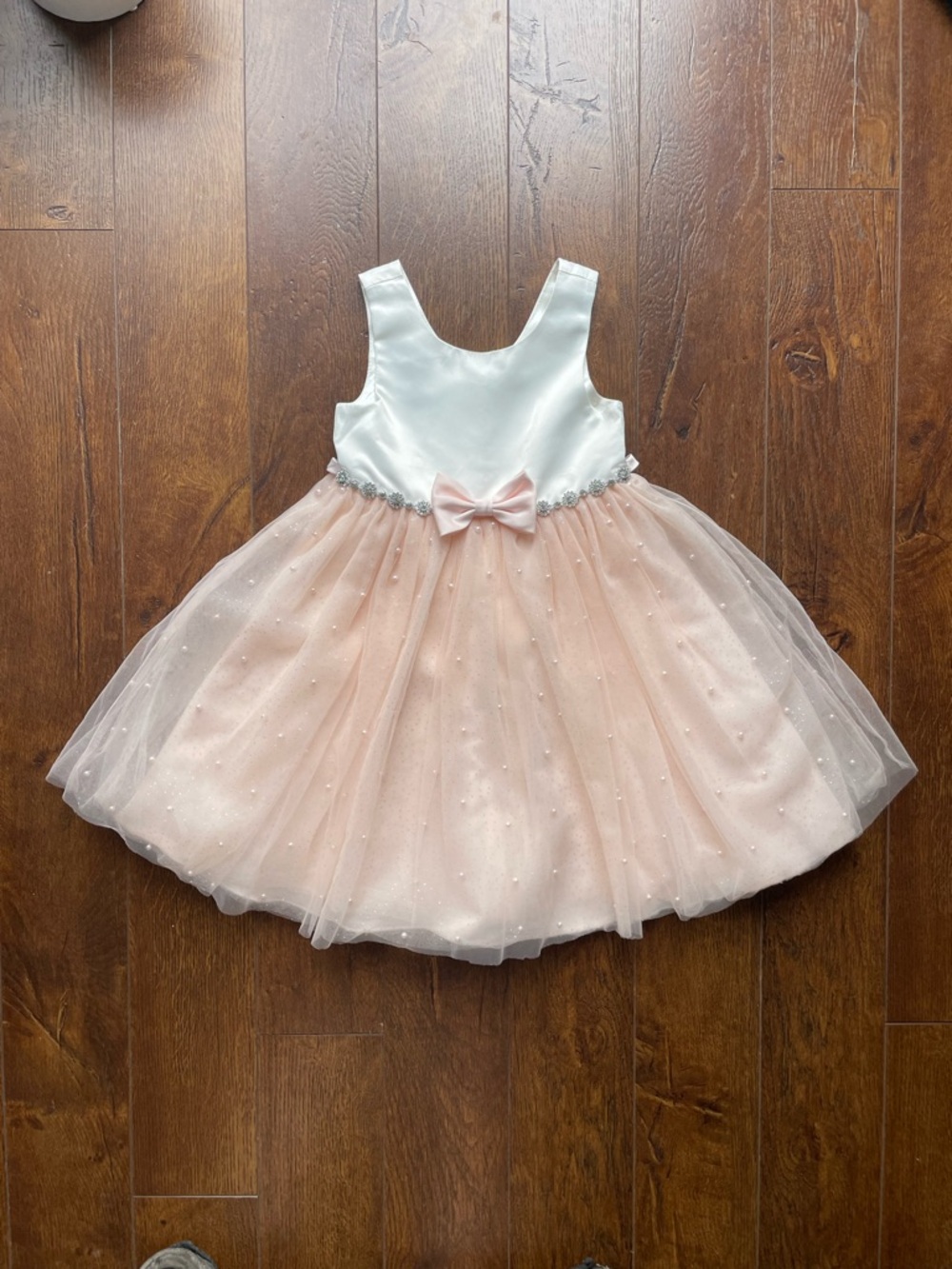 Adorable Couture Princess Pearl Beaded Pink Tulle White Satin Dress. Size 5